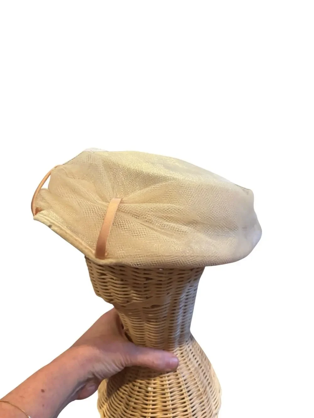 Ivory Tulle Picture Hat Blush Ribbon Tea Party Church Derby Fascinator VTG